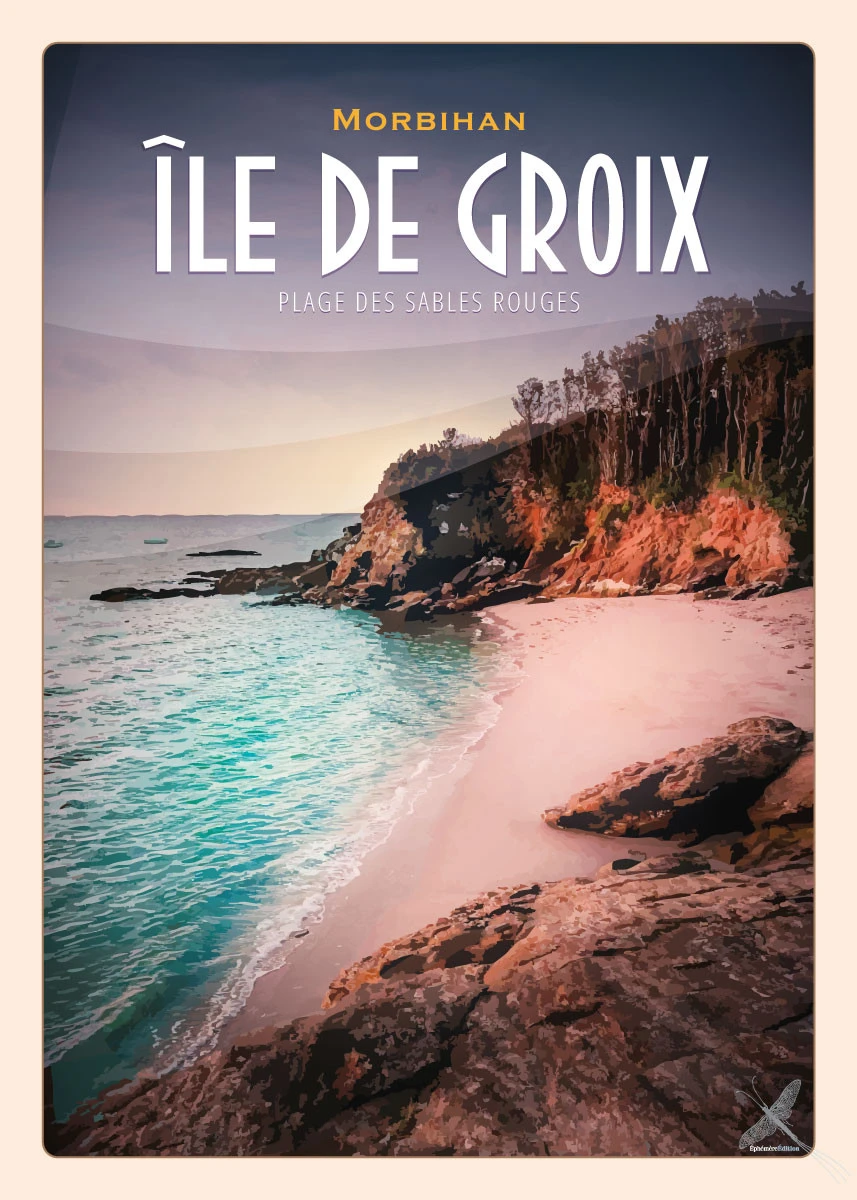 Affiche vintage de la plage des sables rouges à l'Île de Groix